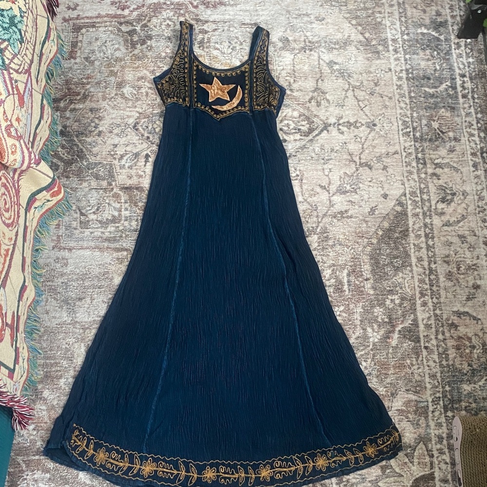Vintage Magic sun moon velvet celestial patch indigo blue tie-back maxi dress